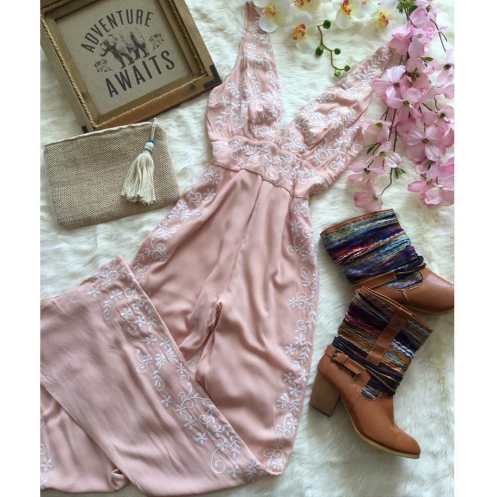 Honey Punch Dusky Rose Pink Floral Embroidered Jumpsuit Western Boho Coachella